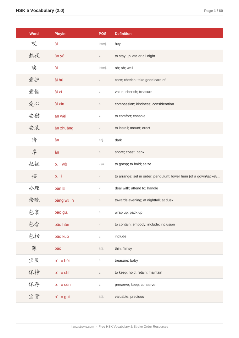 Preview page from the HSK Level 5 vocabulary list PDF