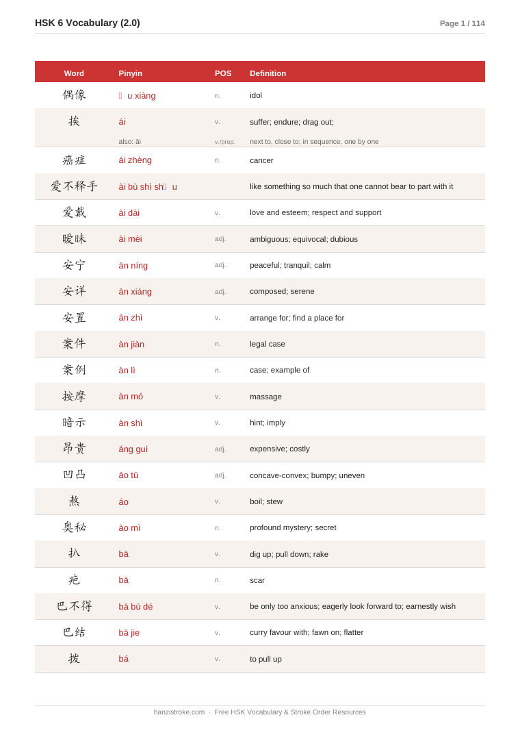 Preview page from the HSK Level 6 vocabulary list PDF